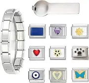 [REGODI] 11 PCS Italian Charms Bracelet Sets, Removable Classic Stainless Steel 9MM Module Charm Bracelet with Opening Tools, Modular Italian Charm Bracelet Links for DIY Jewelry Gifts