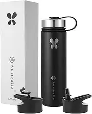 [BB Australia] Stainless Steel, Insulated Water Bottle with 3 lids, one with a Straw. Leak Proof Drink Bottles for hot or Cold Drinks. (Black, 620ml)