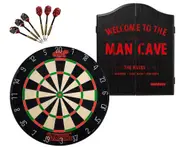 SHOT DARTS Bandit Bristle Dart Board + Winmau Man Cave Dartboard Cabinet + 6 Darts