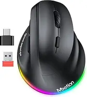 MEETION Ergonomic Mouse, Wireless Vertical Mouse RGB Backlit Rechargeable Mice for Bluetooth(5.2 + 3.0) & USB-A with USB-C Adapter 4 Adjustable DPI for Mac/Windows/Andriod/PC/Tablet/iPad Black