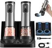 2 Packs Electric Salt and Pepper Grinder Set Rechargeable Automatic Salt and Pepper Shakers with Lid External Adjustable Coarseness Power/Gear Display, LED.