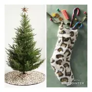 2 ANTHROPOLOGIE LEOPARD SWEATER EYELASH CHRISTMAS HOLIDAY TREE SKIRT & STOCKING