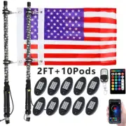 2FT RGB Dancing LED Whip Lights + 10Pods Rock Lights For Polaris RZR XP 1000