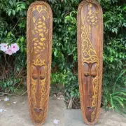 Tribal Primative Lombok African Turtle Wood Mask Tiki Bar Wall 39" x 8" Set of 2