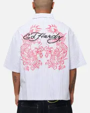 [ED HARDY] Ed Hardy Dragon Zip Shirt Blue Pin Stripe - Size L L Blue Pin Stripe