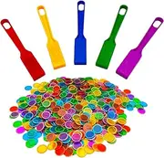 JUNWRROW Magnetic Bingo Wand With 500 Metal Chips, 5-Pack - 5 Color Chips for Large Group Games, Family Game Night, Sensory Bins, Counting and Sorting, Science & Educational Activities