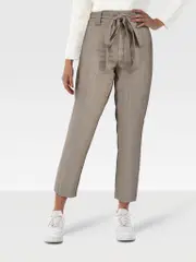 Beige Checked Tie Waist Trousers