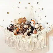 Stuffed Animal Hammock Boho Toy Storage Organizer Hanging Stuff Animals Net Holder with Decorative Tassels and Lights Large Corner Plush Toys Display Hammock for Nursery Kid Room Playroom
