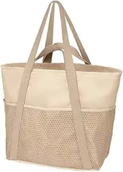 [Giyofom] Waterproof Beach Bag with Zipper, Sandproof Beach Bag for Women, Swimming Cruise Tote Bag, Khaki, Green