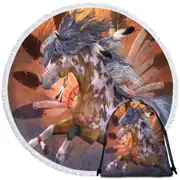 Native American Art White Spots Brown Pinto Horse Round Beach Towel