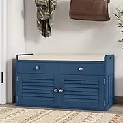 WARMHONIU Shoe Storage Bench with 2 Drawers & 2 Doors, Entryway Bench with Cushion, 2 Adjustable Shelves, Shoe Cabinet for Entryway, Living Room, Hallway, Mudroom, Bedroom, Blue