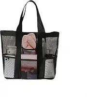 [FUNSEED] Mesh Beach Tote Bag for Women & Men, Travel Waterproof Sandproof Beach Bag with Zipper Pockets, Multi-Pocket Design, Black