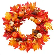 Catzon 18in Artificial Maple Leaf Wreath with Pumpkin Pine and Berry Fall Home Decoration