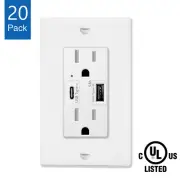 20 PK 5.8A 18W USB-C Type-C USB Wall Outlet Socket 15A Receptacle w/ Plate UL TR