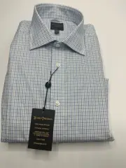 16 34/ 35 Hickey Freeman Modern Fit Easy Care Green Purple Checkered Dress Shirt