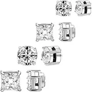 [CJQRL] 4 Pairs Magnetic Earrings Men's Magnetic Stud Earrings Stainless Steel for Round/Square Women's Magnetic Earrings for CZ Hypoallergenic Non-Piercing Clip On Earrings Zirconia 6/7 mm