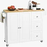 Freestanding Kitchen Island Cart With Drop Leaf, Rolling Wheels, Drawers, Cabinet, Wood Top, Spice Rack and Towel Rack - Mobile Storage