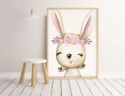 Baby, Girl Nursery Bedroom Wall Art decor Boho Floral Happy Bunny Print series