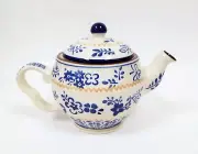 NEW MERITAGE CREAM+COBALT BLUE+BROWN FLORAL CERAMIC TEA,COFFEE POT,TEAPOT 36 oz