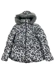 Girls Black Gray & White Leopard Print Winter Ski Coat Jacket w/ Hood L (14)