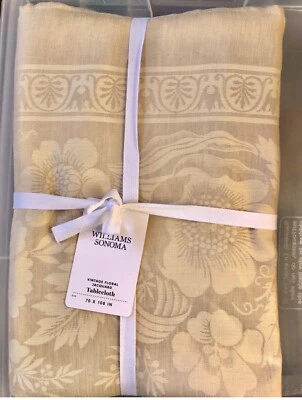 Williams Sonoma Vintage Floral Jacquard Tablecloth 70”x108” Natural Flax Color