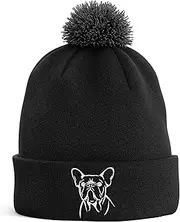 [Purple Print House] Frenchie Embroidered Bobble Hat Dog Owners Gifts French Bulldog Puppy Walking Warm Winter Beanie Hat Womens