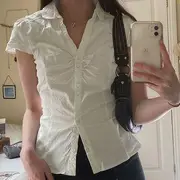 Short Sleeve/Long Sleeve V-Neck Plain Ruched Shirt White - M