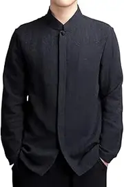[Aoleaky] Men's Chinese Style Retro Jacquard Cotton Linen Shirt Chinese Stand Collar Traditional Solid Long-Sleeved Zen Top