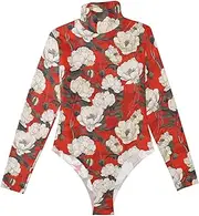 [Amooorous] Lots Of FLOWER and whites on A Red Background long sleeve Women Body Suits Bodysuit Shapewear Tummy Control Sexy Tops for Women High-Neck M, Lots of Flower and Whites on a Red Background