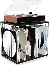 Record Player Stand, 80-100 Vinyl Records Storage with 3-Compartment, Visualize Vinyl Record Holder for Albums Magazine Storage Organizer，Black