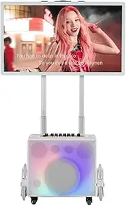 Portable Karaoke Machine Complete Karaoke System Includes Bluetooth Speakers on Wheels, 2 Bluetooth Microphones, Disco Ball, LED Speaker Light, Cell Phone Stand White