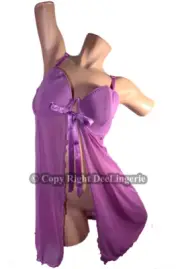 Sexy Purple Sheer Chemise Lingerie Padded Bra Ribbon Open Front Very Soft