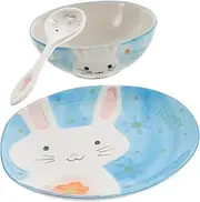 MOTHNUR Bunny Pattern Dishware Set Ceramic Boys and Girls Plates and Bowls Reusable Plate and Bowl Set Cartoon Spoon