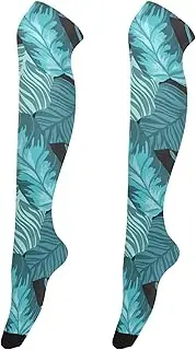 [Caihoyu] Sheer Knee-High Stockings Anti Slip Long Stockings for Women Over Knees Socks for Proms Blue Monstera Leaf Palm Pattern, Blue Monstera Leaf Palm Pattern