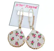 Betsey Johnson Pink Flower Print White Shell Hook Dangle Earrings Gold Accents