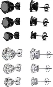 [K&Q] 6 Pair titanium and Stainless Steel Mens Womens Stud Earrings Set Black and Clear Round Cubic Zirconia Inlaid Pierced Hypoallergenic 3-5mm(12PCS,3 Pairs Black,3 Pairs Clear), Small, Stainless Steel,