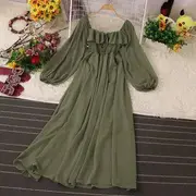 Elbow-Sleeve Square-Neck Plain Midi A-Line Dress Green - One Size