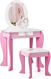 HONEY JOY Kids Vanity Set with Mirror, 2 in 1 Wooden Princess Makeup Dressing Table with Detachable Top & Chair, Toddler Girls Vanity with Drawer & Stool, Pretend Play Vanity Set for Girls (Pink)