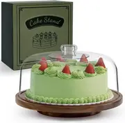 Acacia Wood Rotating Cake Stand with Dome Lid and Acrylic Cover - Rotatable