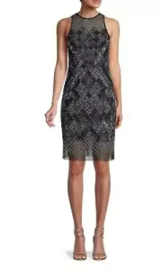 Aidan By Aidan Mattox Party Dress Beaded Mini Black Silver Sequin Size 6 NEW