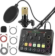 Wegrower Rechargeable Audio Mixer for Gaming & Podcasting - 48V Phantom Power, Dual Mic Inputs, RGB Lighting, 1-Click Noise Cancel, Voice Changer, Plug & Play (W-11GD)