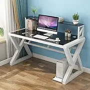 Simple Tempered Glass Computer Desk for Home Office and Student Easy Assembly Workstation (47 Inch Black & White)