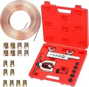 Swpeet 30Pcs in Set Copper Coated Brake Line Kit, Brake Line with Flaring Tool Kit, Includes 16 Fittings and 4 Unions, Flaring Tool Set for Single and Double Flares with 5 Adapters and Tube Cutter