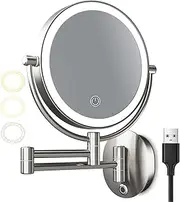 8 Inch Brushed Nickel Wall Mounted Double Sided LED Makeup Vanity Mirror with 3 Color Stepless Dimmable, Bathroom 360° Swivel Beauty HD Magnification Shaving Cosmetic Mirror,USB,10X