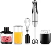 Hand Blender, 4 in 1 Handheld Blender, Electric Multifunctional Stick Blender, Silver Colored 304 Stainless Steel Blade, and Turbo Mode, BPA-Free Food Processor Container.
