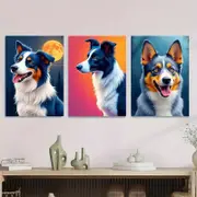 3pcs Colourful Border Collie Dog Moonlit Sky Print 100% Australian Made 3 x 40x60cm (Metal Print)