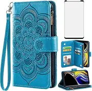 Asuwish Compatible with Samsung Galaxy Note 9 Wallet Case and Tempered Glass Screen Protector Flower Leather Flip Card Holder Cell Phone Cover for Galaxies Note9 Gaxaly Glaxay Not S9 Women Men Blue
