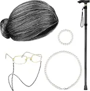 ADXCO 6 Pieces Old Lady Wig Costume Cosplay Set Grandma wig Granny Glasses with Chain Cane Necklace Bracelet for Kid Women