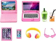 Joyfun 6 Pack Small Size Laptop Computer Tablet Phone Pad Glasses and Headset Doll Playset Simulation Accessories for 11.5 Inch Doll (Pink)