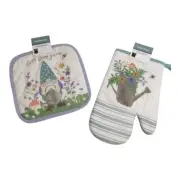 Let Love Grow Potholder & Oven Mitt Hanging Set Knome Flower Mushroom Bee Can